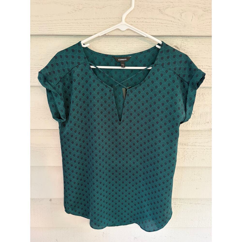 Express Teal Geometric Print V-Neck Blouse NWT Size S